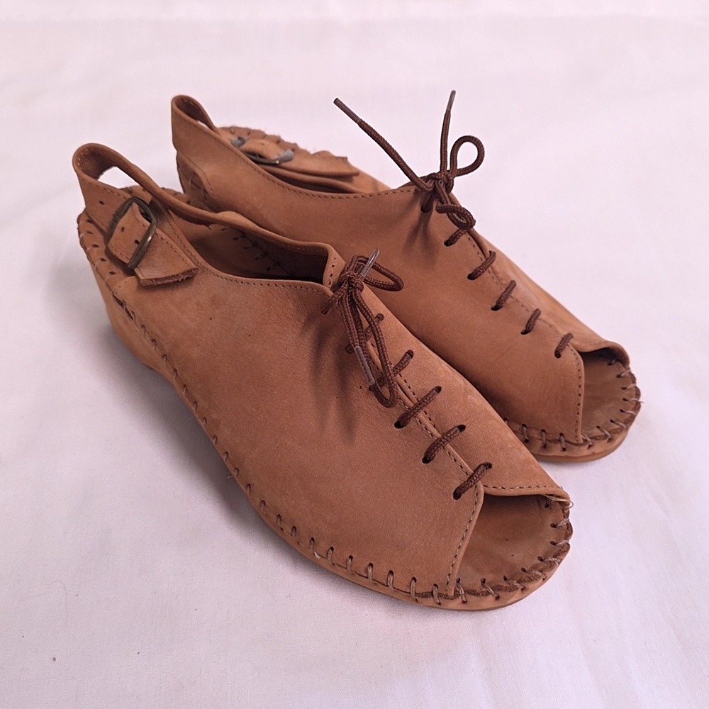 La Plume Wedge Sandals Womens 39 Tan Leather Lace Up Peep Toe Slingback Italy